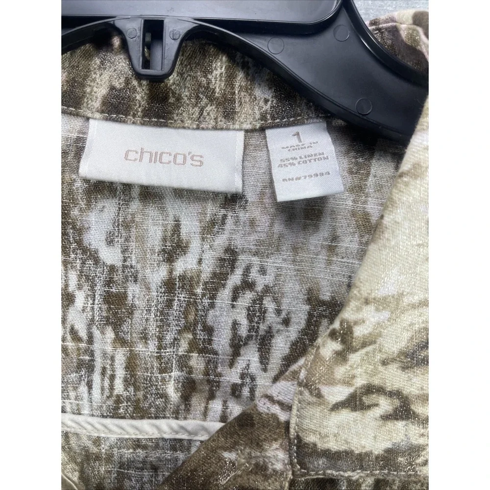 CHICO'S 3/4 Sleeve Jacket Brown Beige Print Linen Blend Size 1 NWT